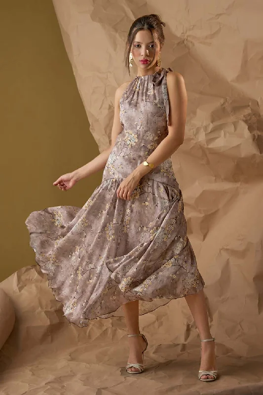 Grab The Hottest Deals Before They Disappear Beige Printed Halter Neck Dress