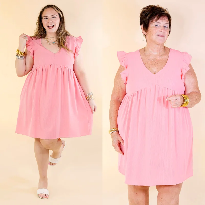 Saturday Savings – Your Favorite Items On Sale Capture Your Attention V Neck Dress with Ruffle Cap Sleeves in Bubblegum Pink Saturday Savings – Your Favorite Items On Sale Capture Your Attention V Neck Dress with Ruffle Cap Sleeves in Bubblegum Pink