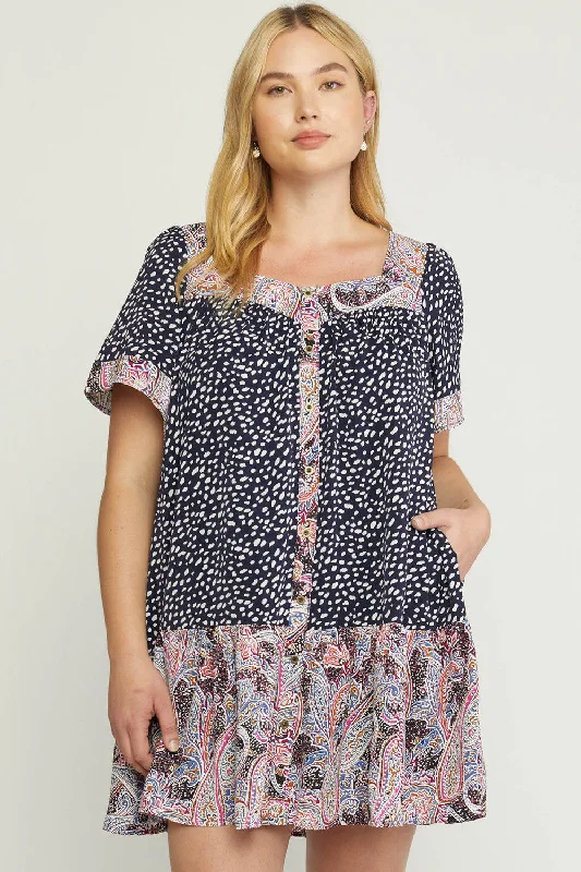 Limited-Time Sale – Grab It Before It'S Gone Mixed Print Square Neck Dress, Navy
