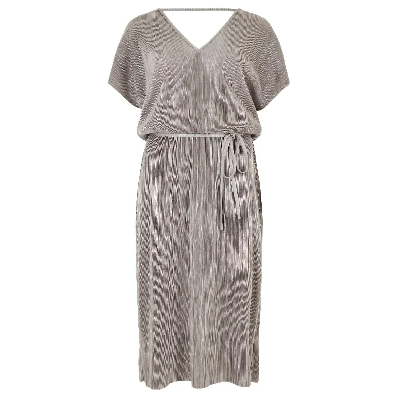 Last Chance For Amazing Deals Plisse V Neck Dress In Silver