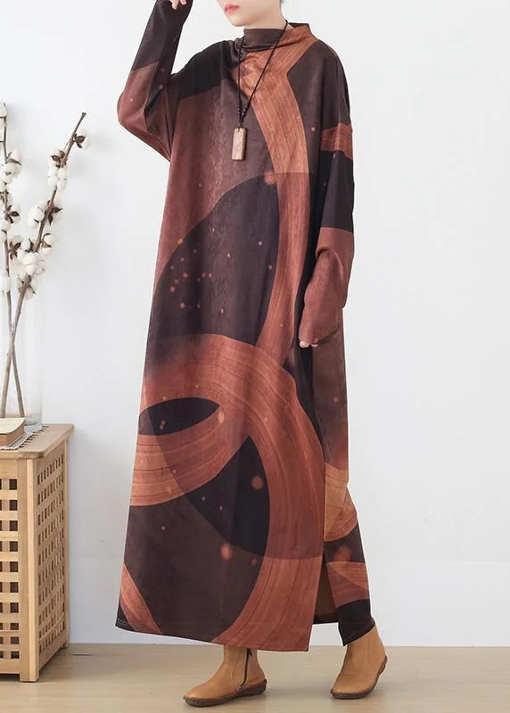 Unmissable Sale – Shop Before It'S Over French brown priints cotton dresses loose waist Art o neck Dress Unmissable Sale – Shop Before It'S Over French brown priints cotton dresses loose waist Art o neck Dress