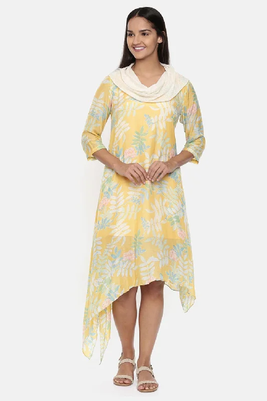 Iconic Styles, Incredible Discounts Yellow Printed Cowl Neck Dress
