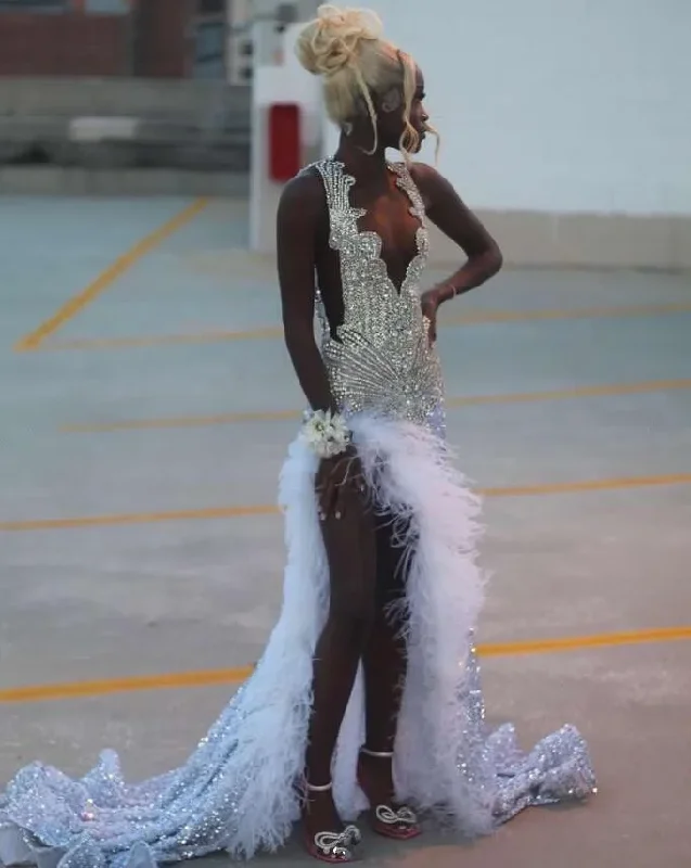 Limited-Time Offers On Top Styles Silver Diamond Sparkly Long Prom Birthday Dresses for Black Girl Luxury Feather Crystal Velvet Evening Gala Dress Limited-Time Offers On Top Styles Silver Diamond Sparkly Long Prom Birthday Dresses for Black Girl Luxury Feather Crystal Velvet Evening Gala Dress