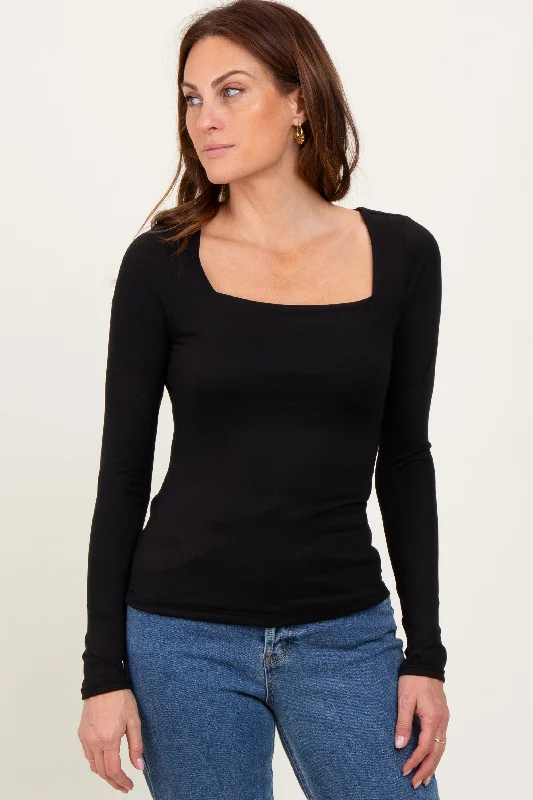 Black Square Neck Long Sleeve Top