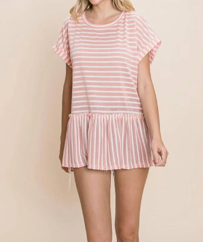 Striped Ruffled Short Sleeve Top In Coral