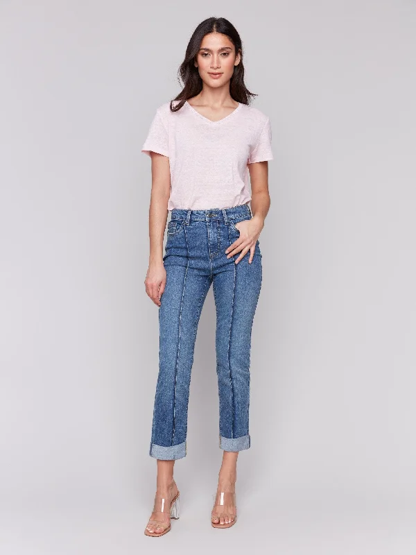 Cropped Pin Tuck Jeans - Medium Blue