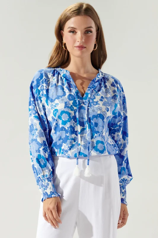 Juliani Floral Weylin Split Neck Tassel Blouse