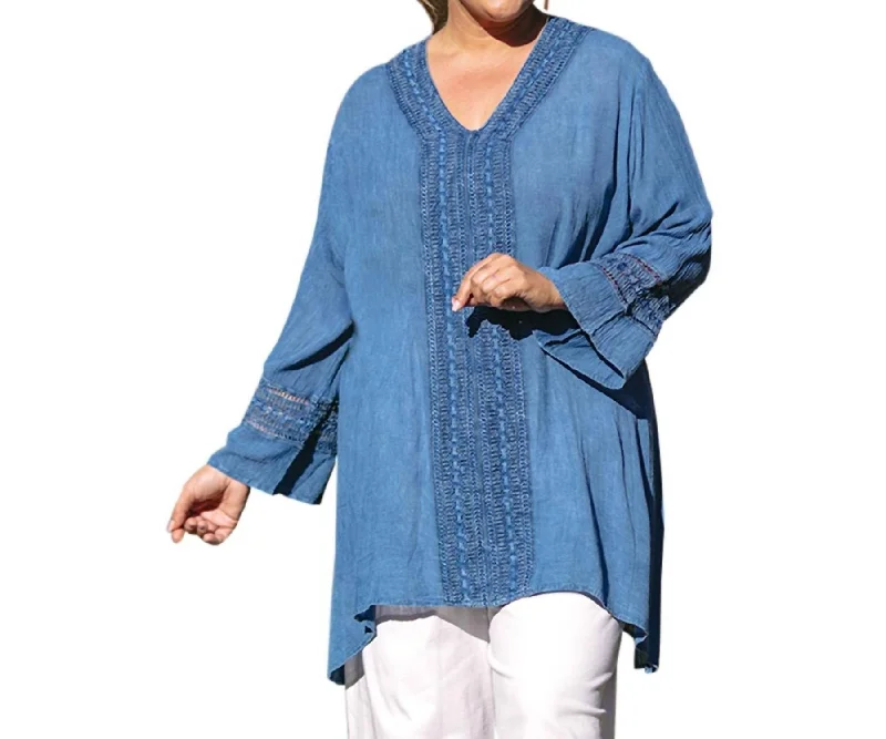 Tatum Crochet Cotton Wide Sleeve V-Neck Tunic - Plus In Indigo