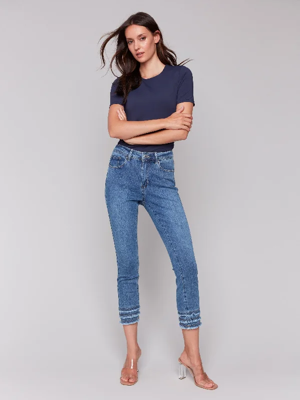 Frayed Hem Cropped Denim Pants - Medium Blue