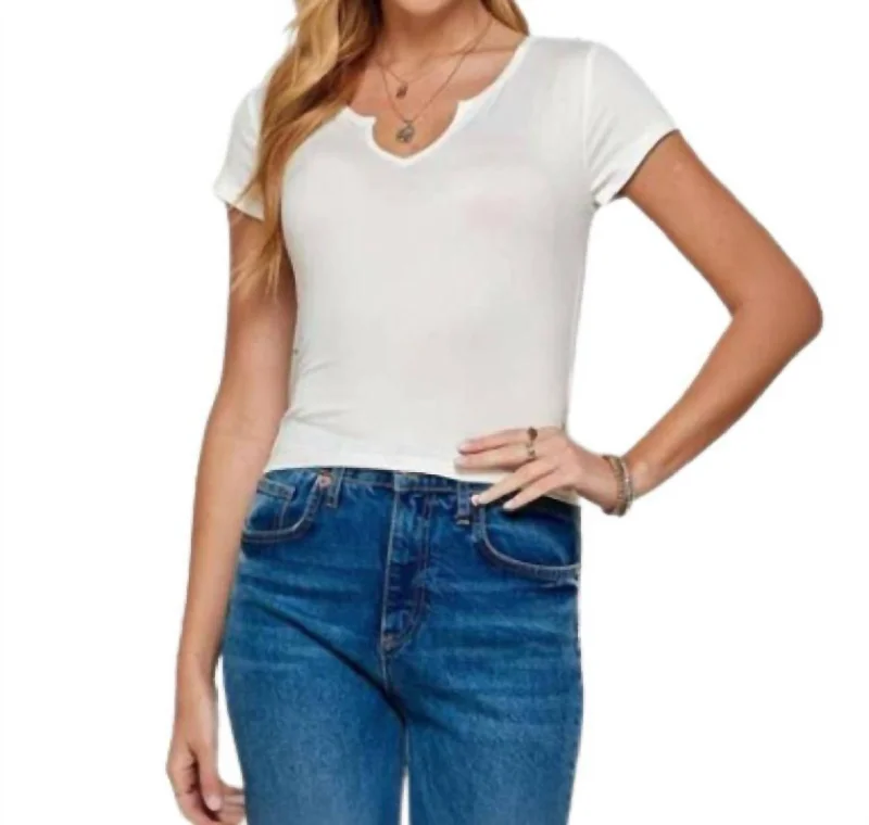 Notched Neck Short Sleeve Tee Top In White