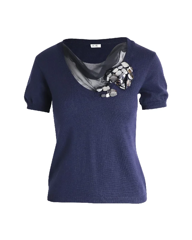 Moschino Embellished Knit Top in Navy Blue Wool