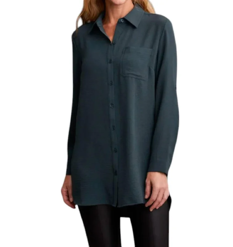 Crepe Roll-Sleeve Tunic Shirt In Pebble