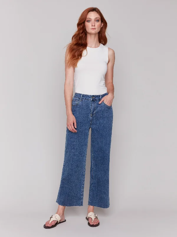 Wide Leg Jeans With Raw Edge - Medium Blue