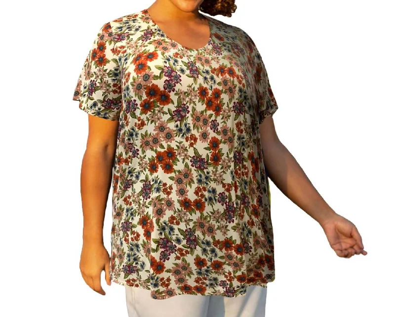 Printed Scoop Neck Short Sleeve Taylor Tunic - Plus Size In White Ground Floral