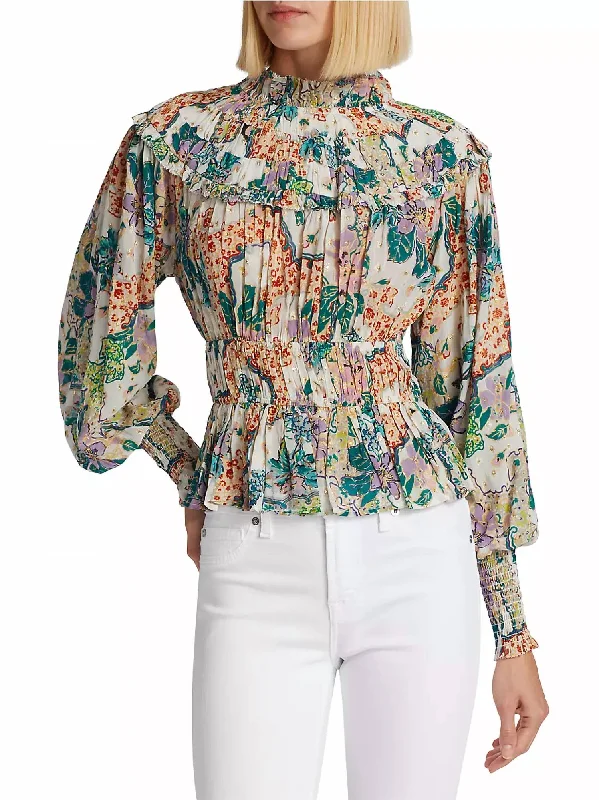 Francesca Metallic Floral Top In Bettina White Lurex Print