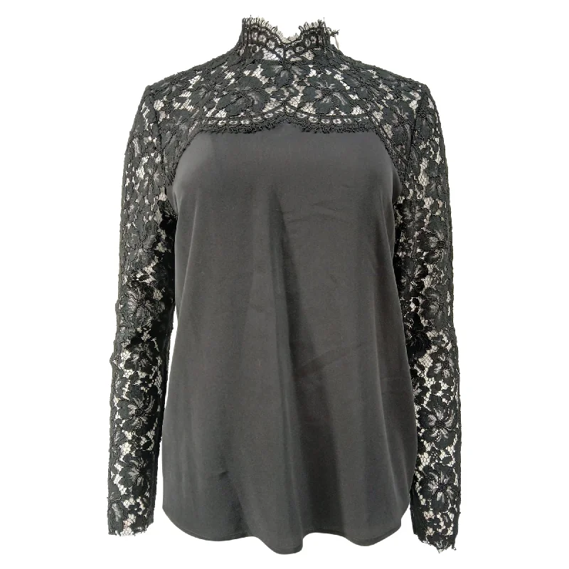 Sandro Lace Mock Neck Top in Black Silk