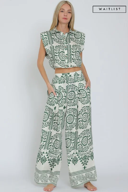 Waitlist 5/20 ♥ Jaclyn Sleeveless Shoulder Pad Printed Top And Wide Leg Pants Set Green