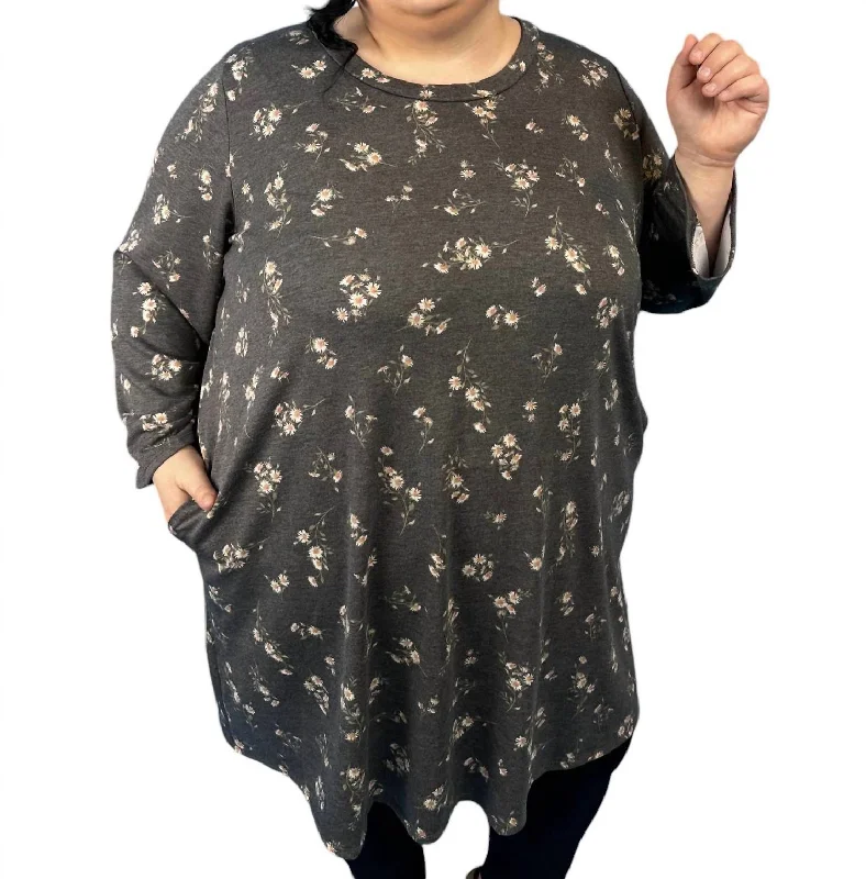 3/4 Sleeve Floral Long Tunic Top In Grey