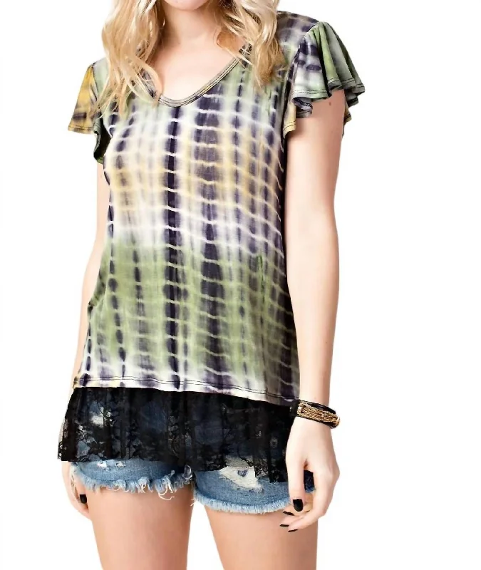 Tie Dye Short Sleeve Lace Detail Top In Green