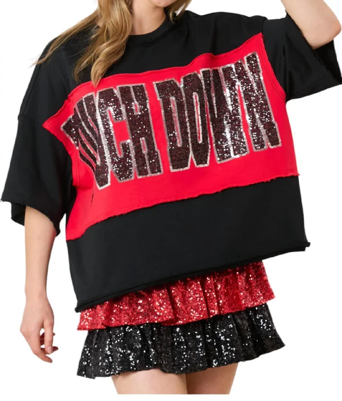 Touch Down Sequin Color Block Short Sleeve Shirt In Black