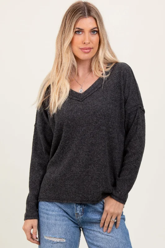 Black Ribbed V-Neck Long Sleeve Top