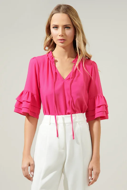 Break Room Split Neck Ruffle Blouse