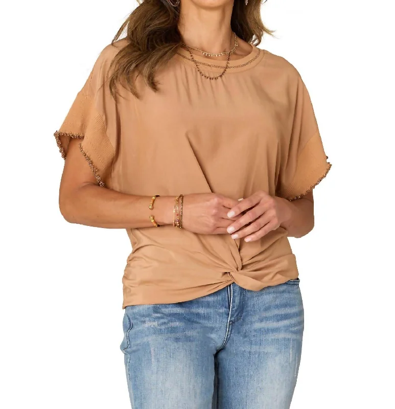 Extended Short Sleeve Round Neck Woven Top In Brown