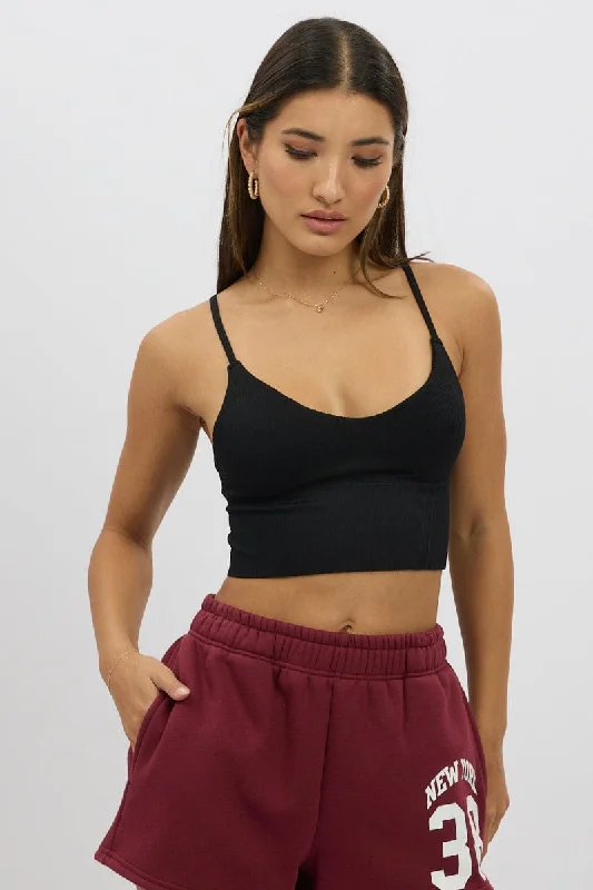 Black V Neck Cami Crop Top Seamless