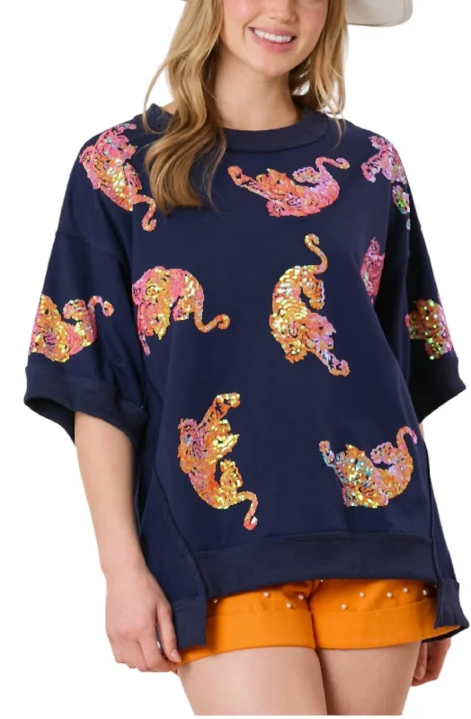 Tigers Sequins Embroidery Short Sleeve Top In Navy/orange