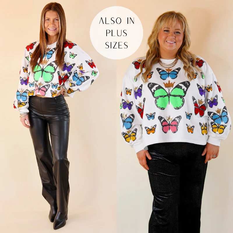 Queen Of Sparkles | Fluttering Dreams Multi-Colored Sequin Butterfly Long Sleeve Sweatshirt in White