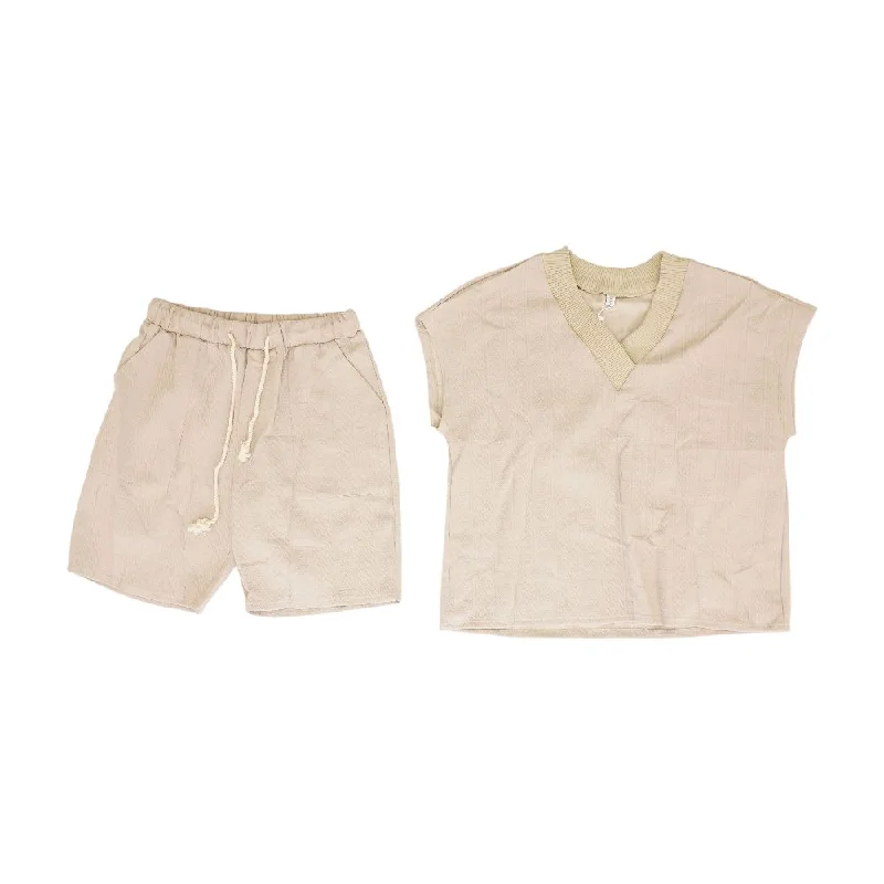 Beige Misc V Neck Knit Top and Short Set