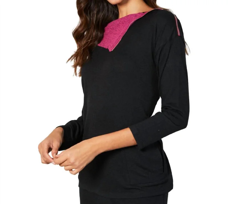 Zip Neck Top In Black/rose