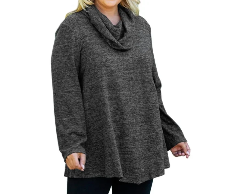 Brushed Hacci Cowl Long Sleeve Tunic - Plus In Heathered Black