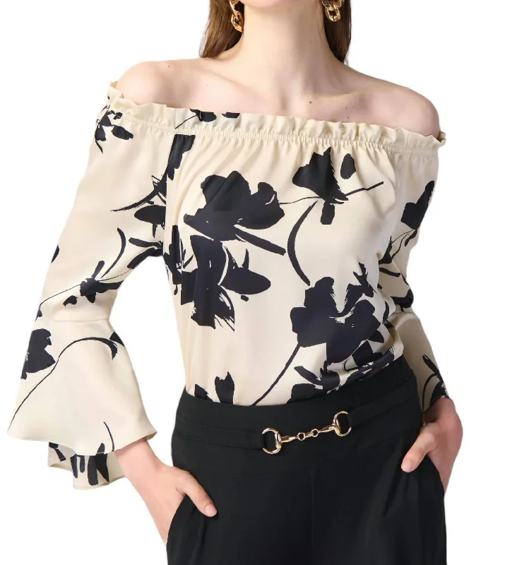 Off-Shoulder Floral Top In Beige/black