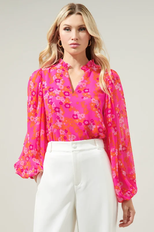 Poppy Punch Hathaway Split Neck Long Sleeve Blouse