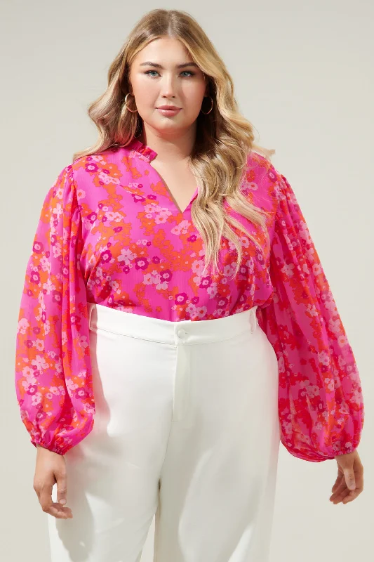 Poppy Punch Hathaway Split Neck Long Sleeve Blouse Curve