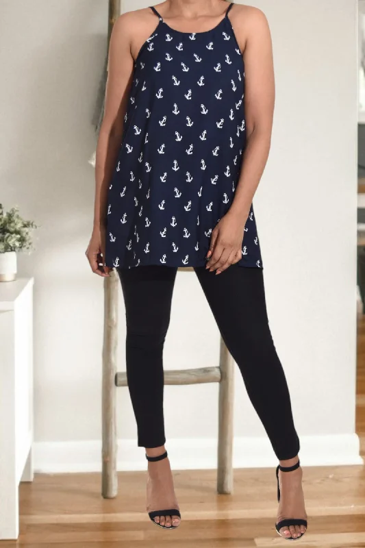 Navy Sleeveless Printed Top