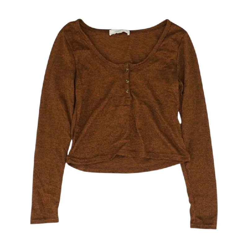 Brown Solid Henley Knit Top