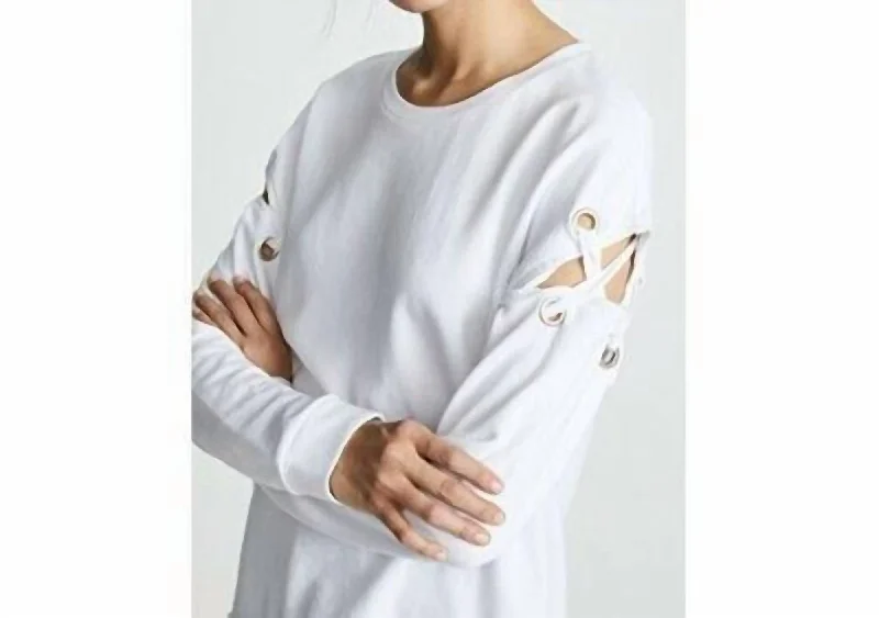 Alice Lace Up Sleeve Cotton Sweatshirt In White