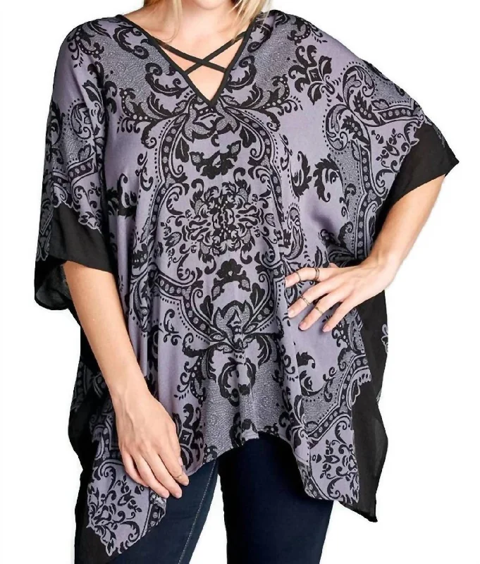 Damask Bohemian Tunic Top In Black/purple