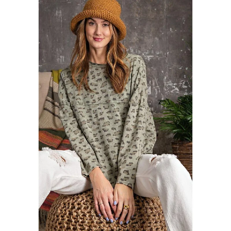 Leopard Printed Garment Dye Loose Fit Knit Top