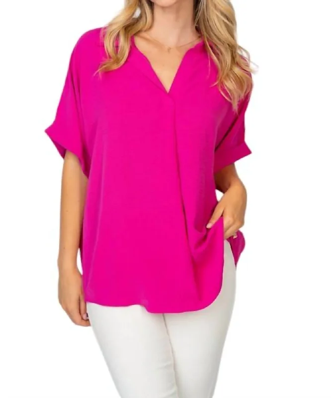 Short Sleeve Solid Woven Top In Fuchsia