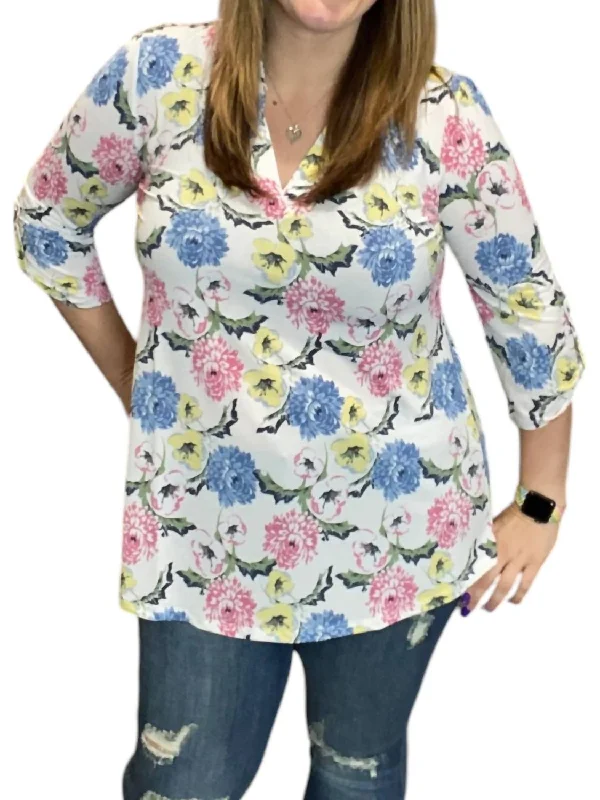 Floral Pastel Gabby Tunic Top In White Multi