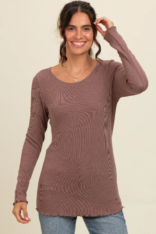 Brown Ribbed Knit Long Sleeve Lettuce Hem Top