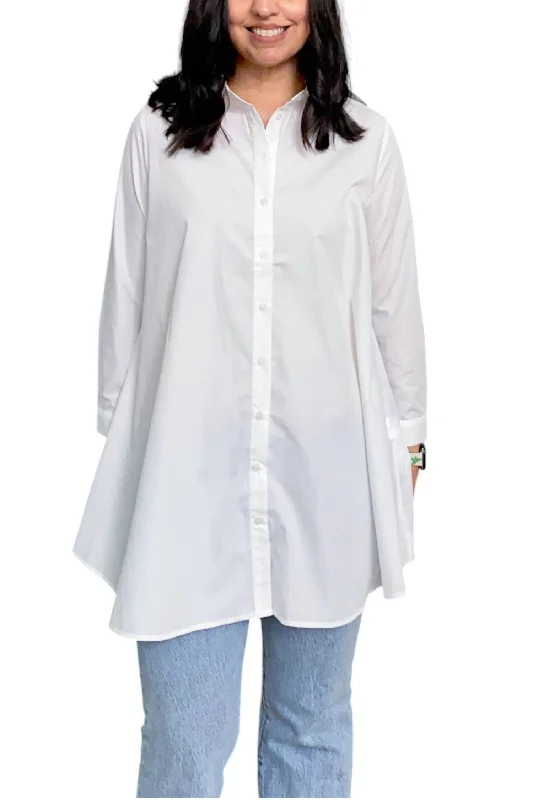 Long Sleeve Button Down Tunic Top In White