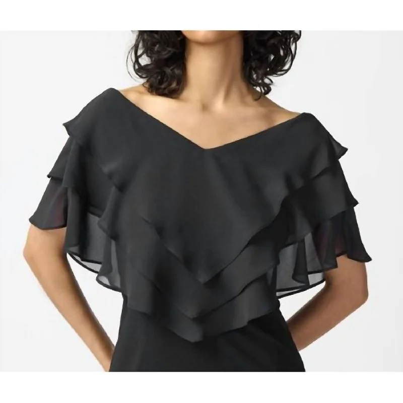 Silky Knit Top With Chiffon Overlays In Black