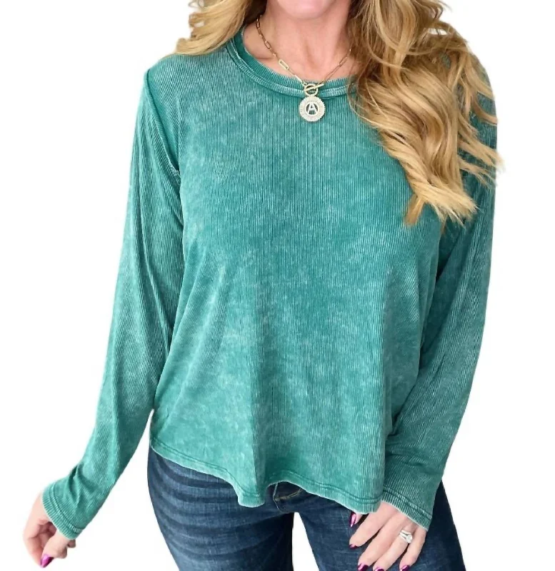 Mineral Wash Ribbed Scoop Neck Top In Hunter Green