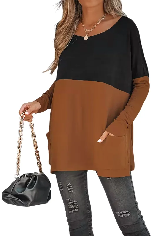 Colorblock Long Sleeve Tunic Top In Black/rust