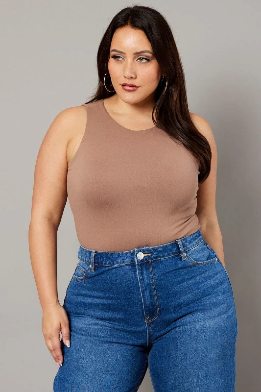 Brown Bodysuit Sleeveless Crew Neck Supersoft