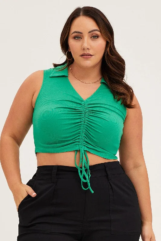 Green Rib Jersey Sleeveless Drawstring Collar Top